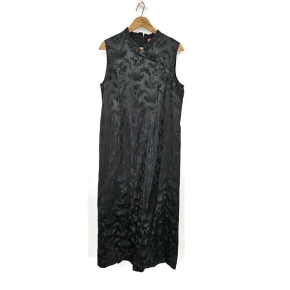 Vintage April Cornell Cheongsam Dress Womens M Black Satin Asian Maxi - Picture 1 of 6